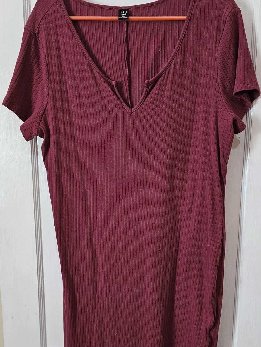 Ribbed V-Neck Short Sleeve Dress Burgundy
